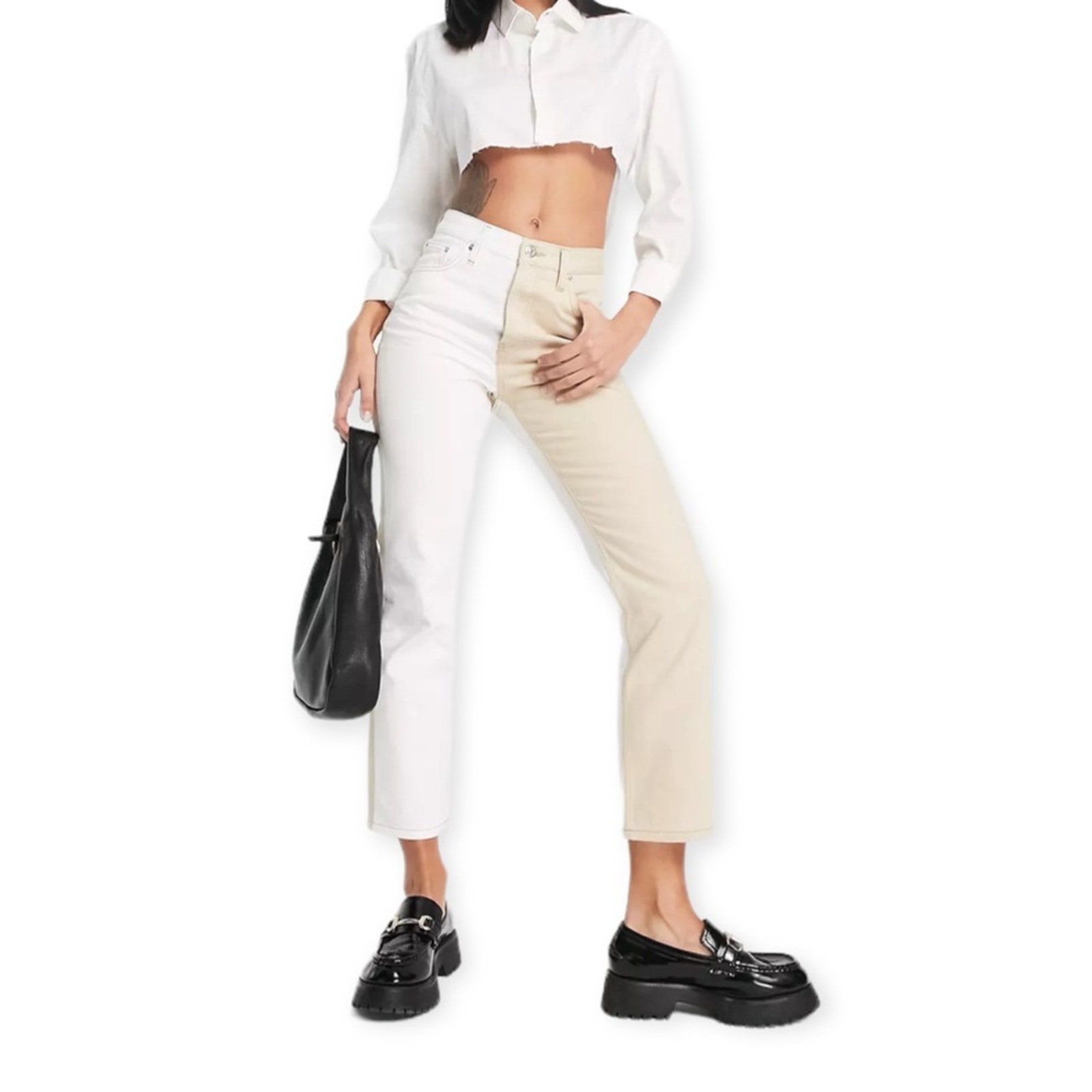 Nwt Topshop Editor Colorblock Jeans In Sand White Button Fly Size 4 Us